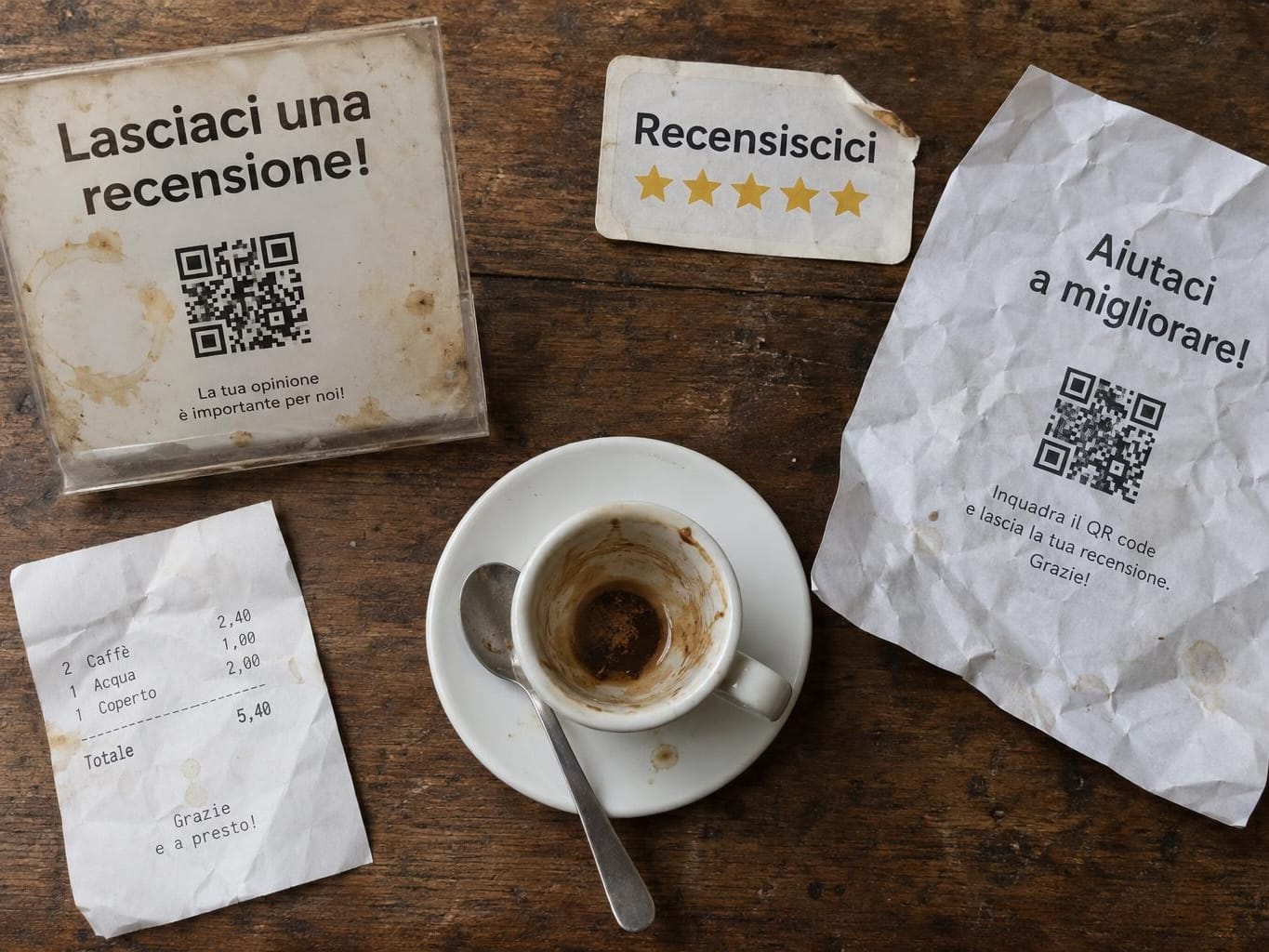 Visto dall’alto, su un tavolo di legno: un cartellino «Lasciaci una recensione!» macchiato di caffè, un adesivo «Recensiscici» con cinque stelle, un volantino stropicciato con il QR, una tazzina vuota e lo scontrino.