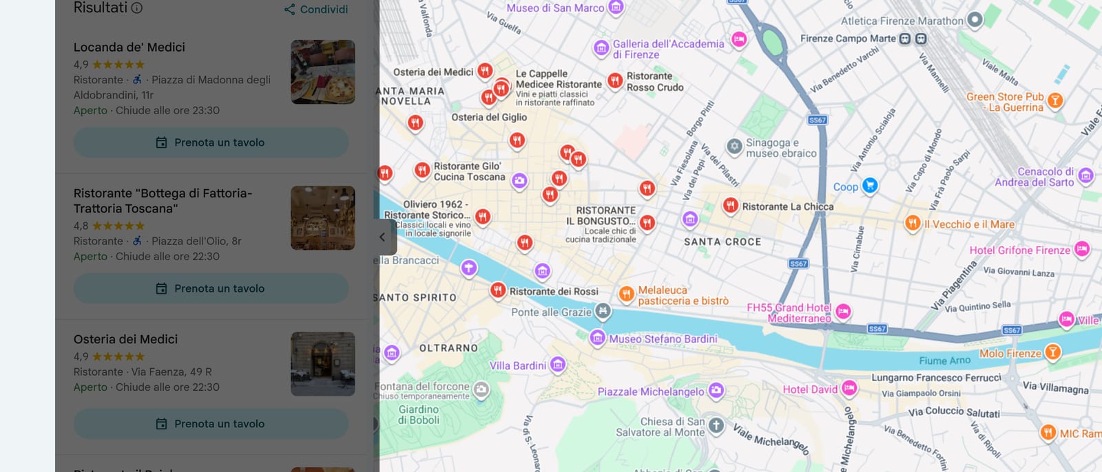 Google Maps, ricerca «ristorante» nel centro di Firenze: a sinistra la lista dei risultati con voto e stelle, a destra la mappa con le decine di locali che la lista non mostra.