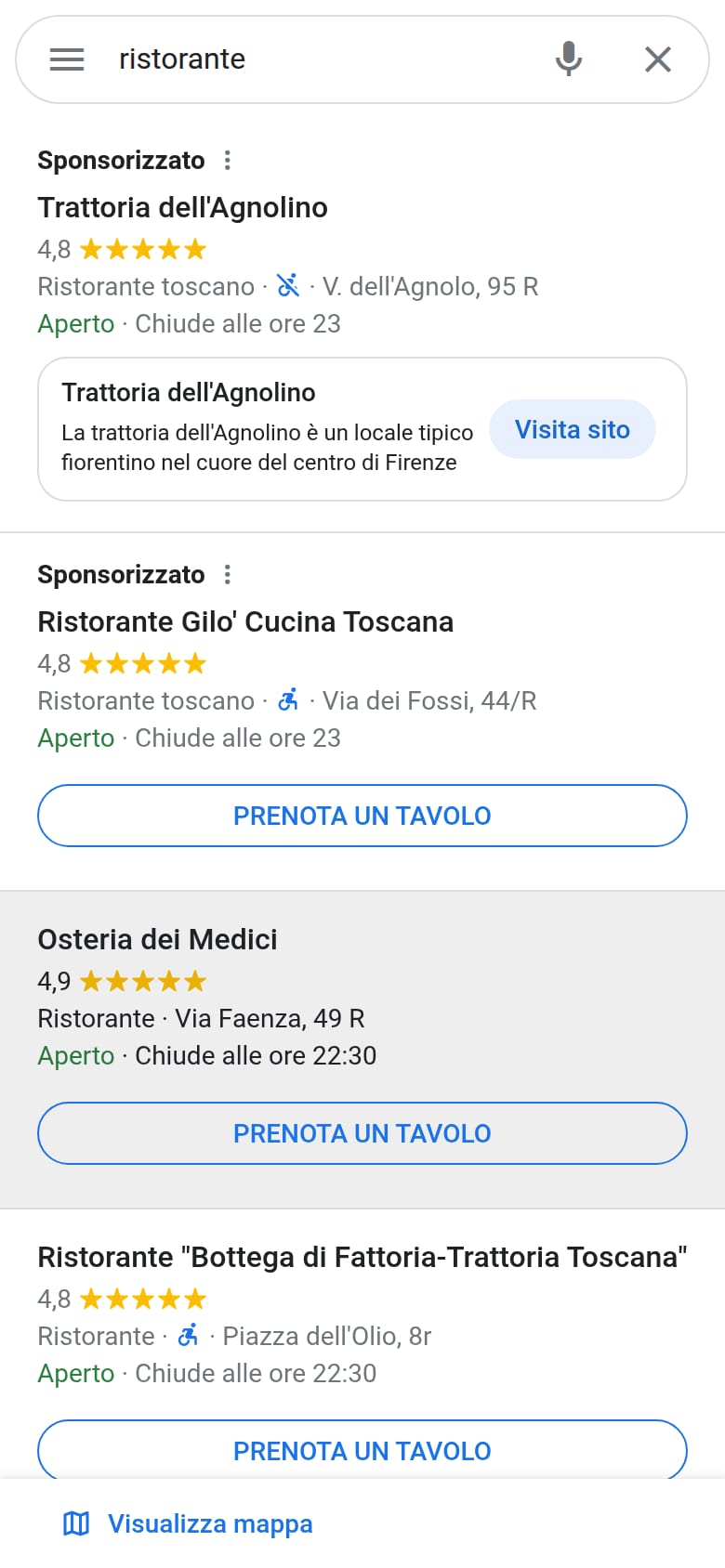 Google Maps sul telefono, ricerca «ristorante» a Firenze: i primi due risultati sono segnati «Sponsorizzato», poi iniziano i risultati organici con voto e stelle.